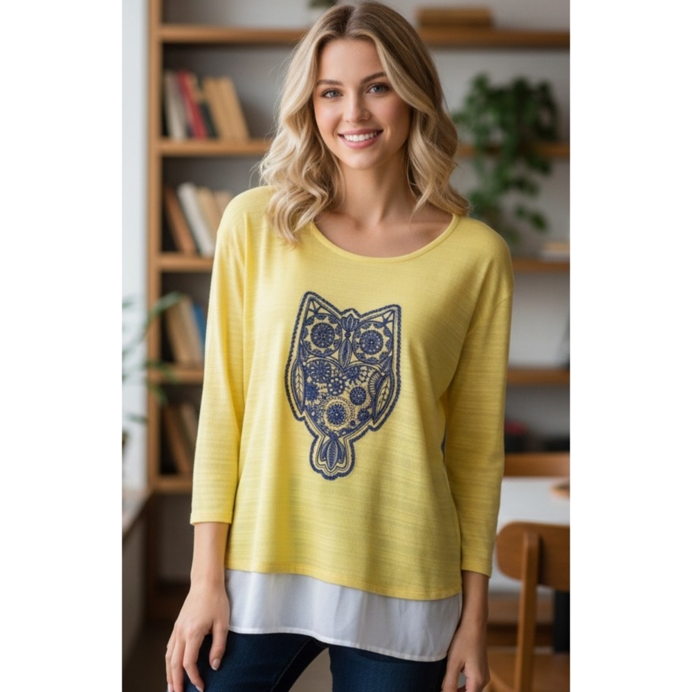 Signature Studio 3/4 Sleeve Embroidered Owl Top Yellow Size XL